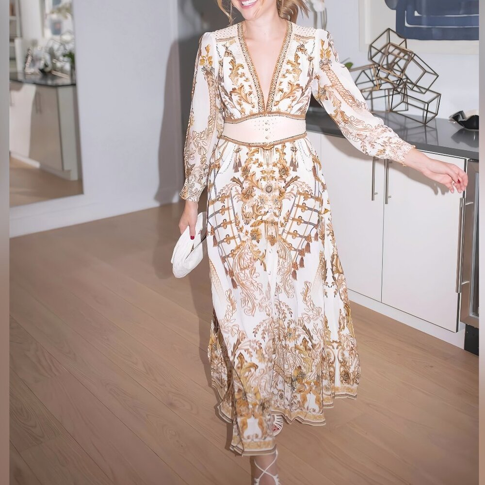 Camilla Button-Front Silk Maxi Dress with Shaped Waistband